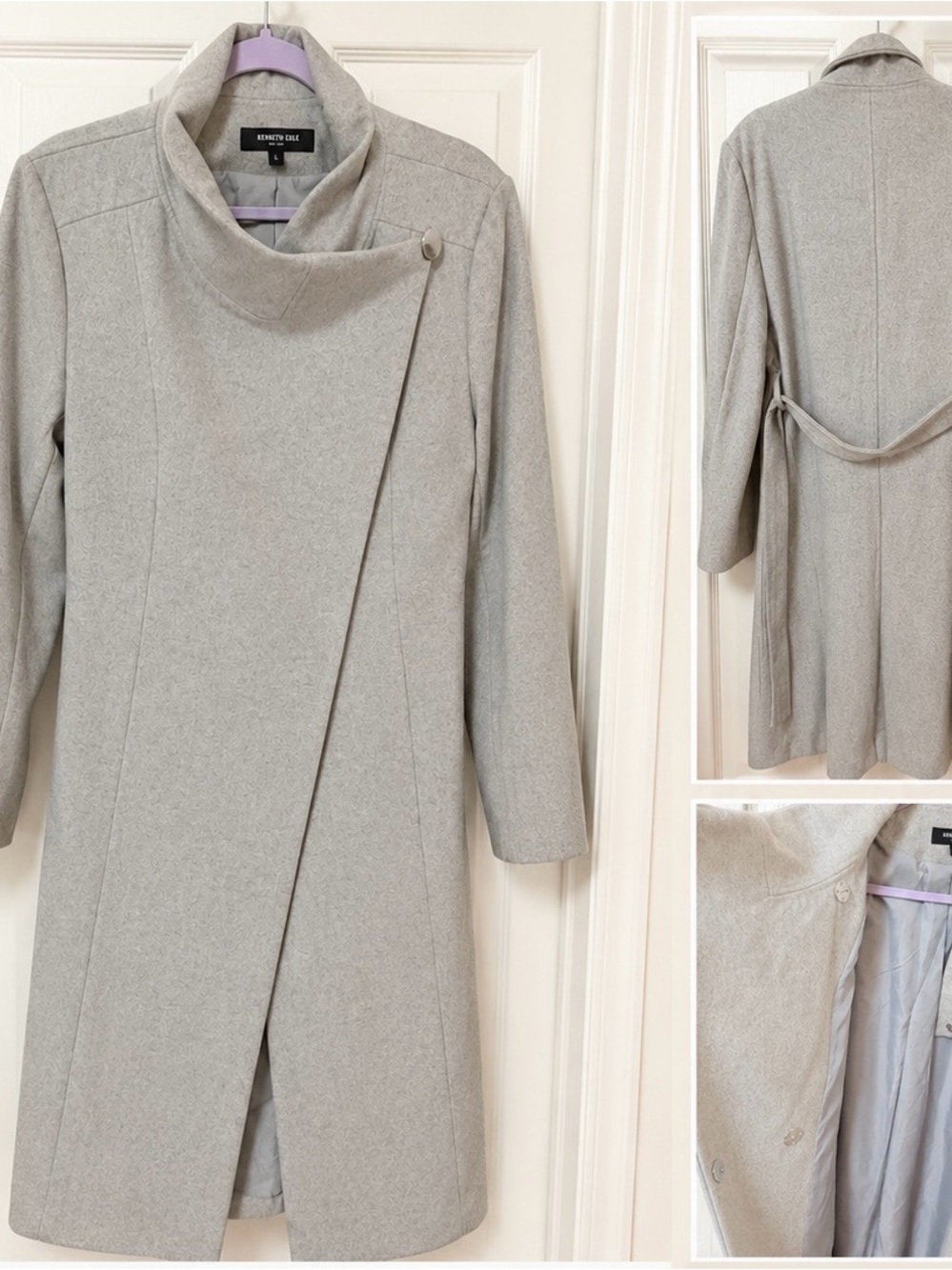 Kenneth Cole Light Gray Asymmetric Long Sleeve Wool-Blend Coat Dress
